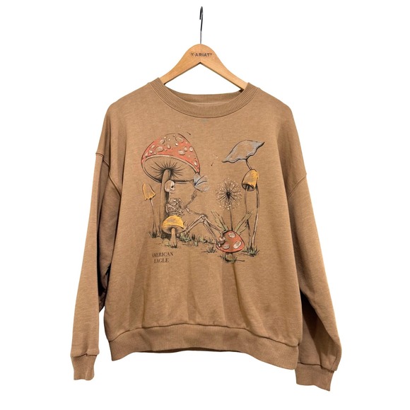 American Eagle Outfitters Tops - American Eagle Skeleton Mushroom Graphic Sweatshirt Tan Brown Large Relaxed Fit